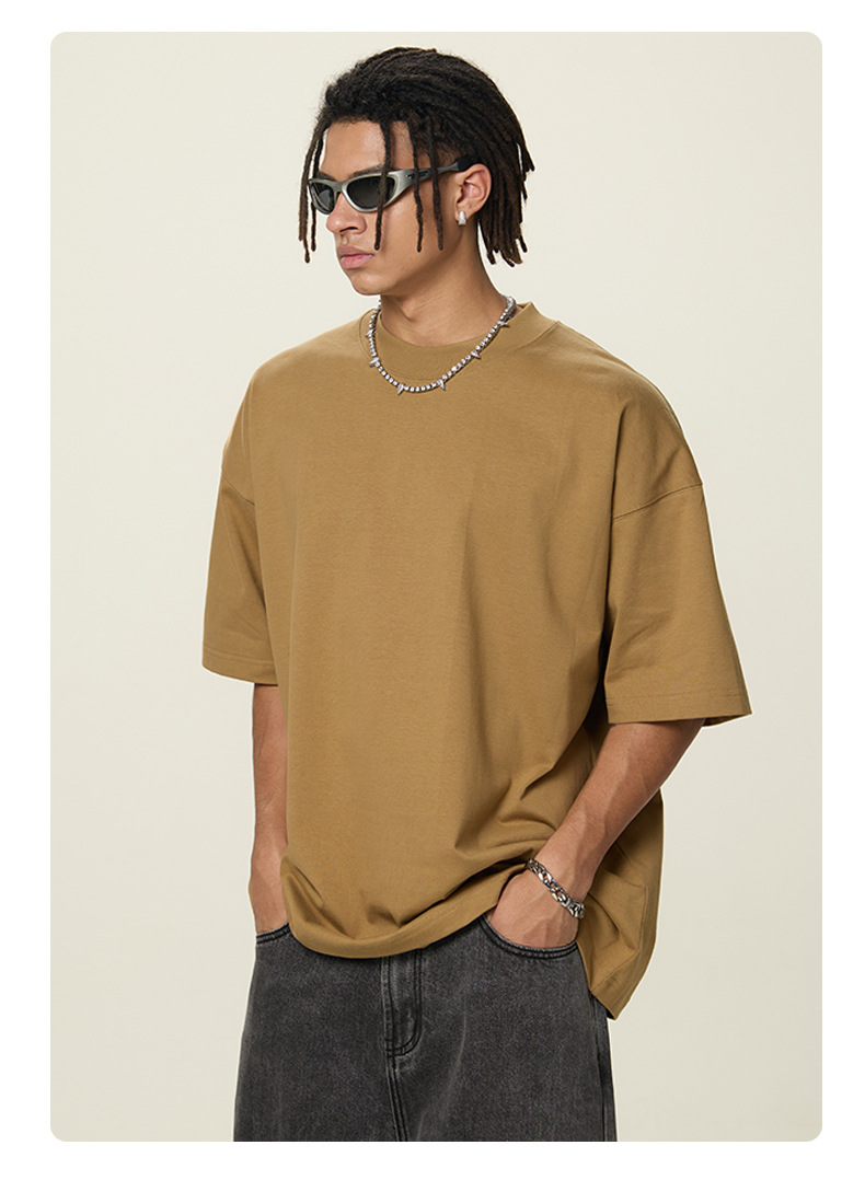 boy RS Fashion|New Cross-Border 350G Heavyweight Pure Cotton Short Sleeve FOG Earth Tone Drop Shoulder Men's T-Shirt_voghion.com