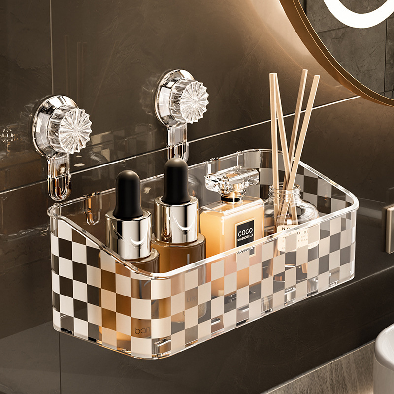 Suction Cup Storage Rack Bathroom Toiletries Storage Rack Punch-Free Wall-Mounted Checkerboard Drain Storage Rack