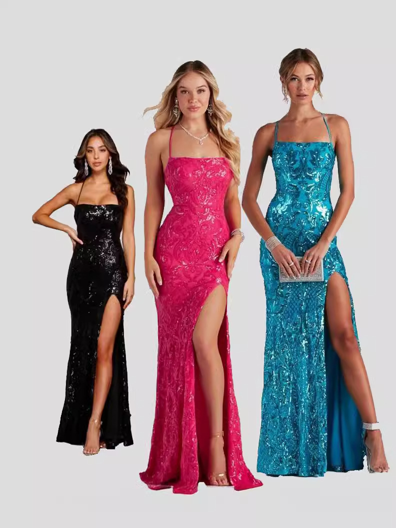 Vestido de Noche Sexy con Lentejuelas y Hombros Descubiertos, Estilo Europeo y Americano, Elegante Vestido de Fiesta con Abertura (3 Colores)
