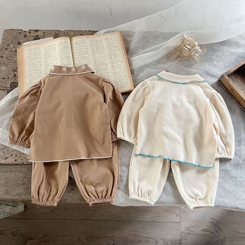 2023春季新款女宝宝长袖套装婴儿绣花棉质上衣+花边长裤两件套