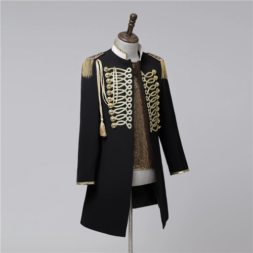 Male black with gold singer jazz dance England style mid-length coat magician host groomsman double-breasted tassel stage court dress suit photo studio photography clothing