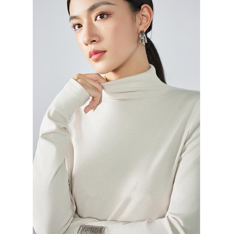 高级感轻奢半高领长袖T恤女2025秋季新款气质通勤休闲白色打底衫|undefined