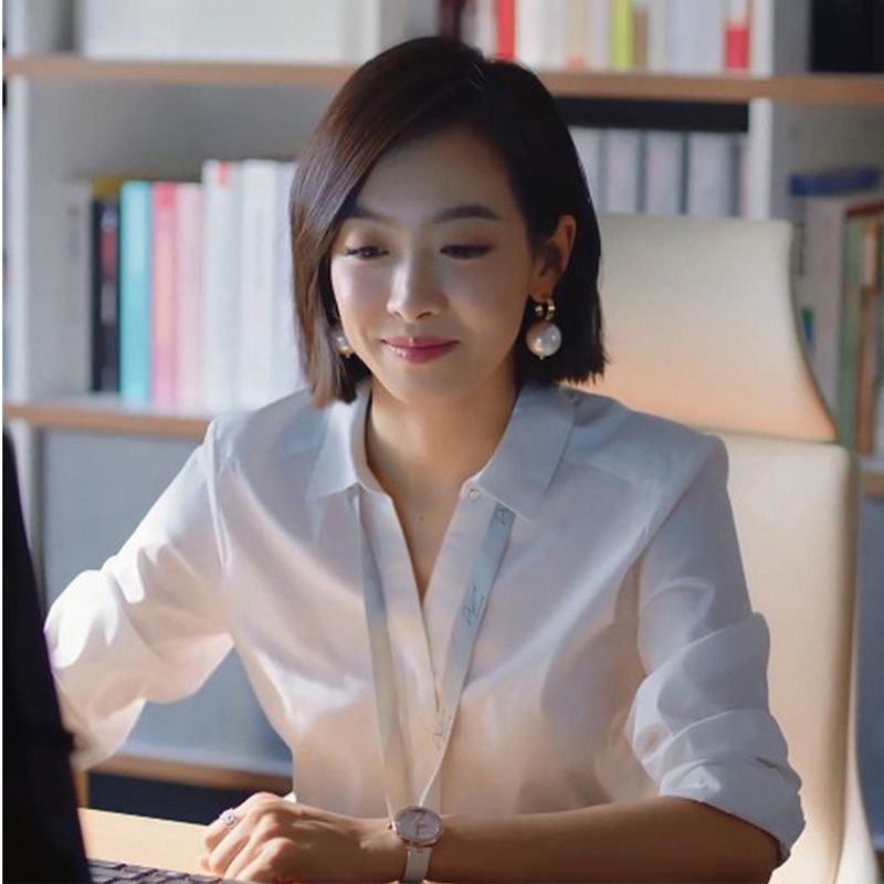 흰색 셔츠 여성의 느슨한 긴 소매 주름 방지 비즈니스 우아한 V 넥 셔츠 기본 작업 옷 봄과 가을
