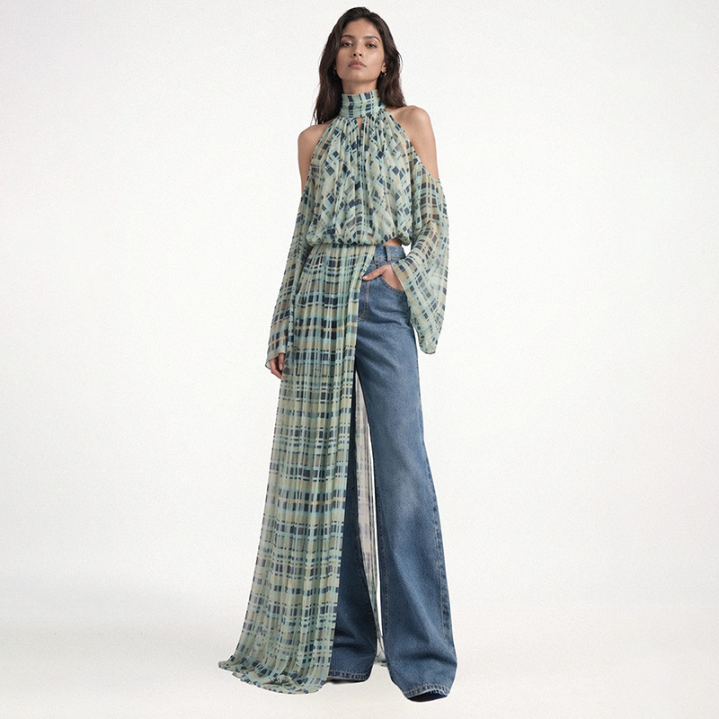 European and American Style Fashionable Design Shirt 2026 New Model Elegant Halter Neck Off-Shoulder Ribbon Plaid Long-Sleeve Chiffon Blouse for Women