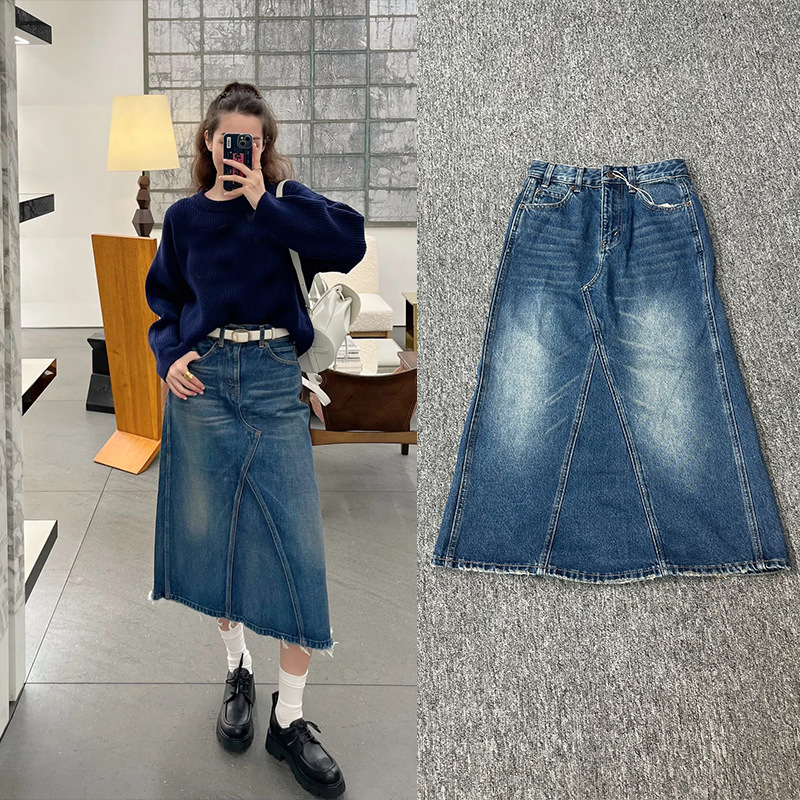 Ce High-Waisted Denim Skirt Women's Casual Versatile European and American Style A-Line Slimming Look Raw Edge Mid-Length Skirt 2025 New Style