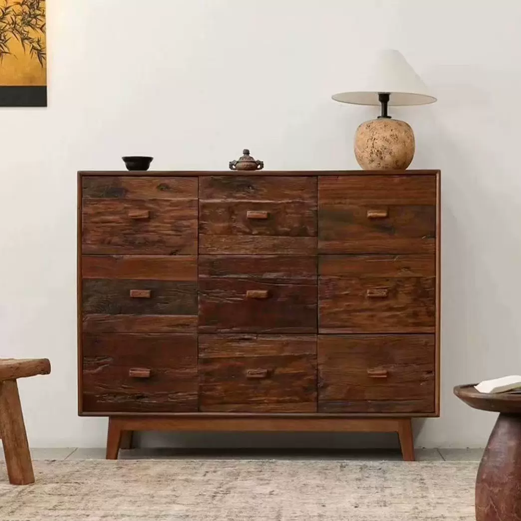 侘寂风老榆木实木斗柜复古民宿储物茶水客厅玄关矮柜客厅简约柜