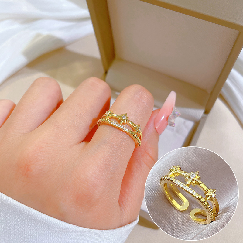 Light Luxury Full Diamond Starburst Ring With Adjustable Opening Simple Hand Ornament Japanese Ring Couple Ring_voghion.com