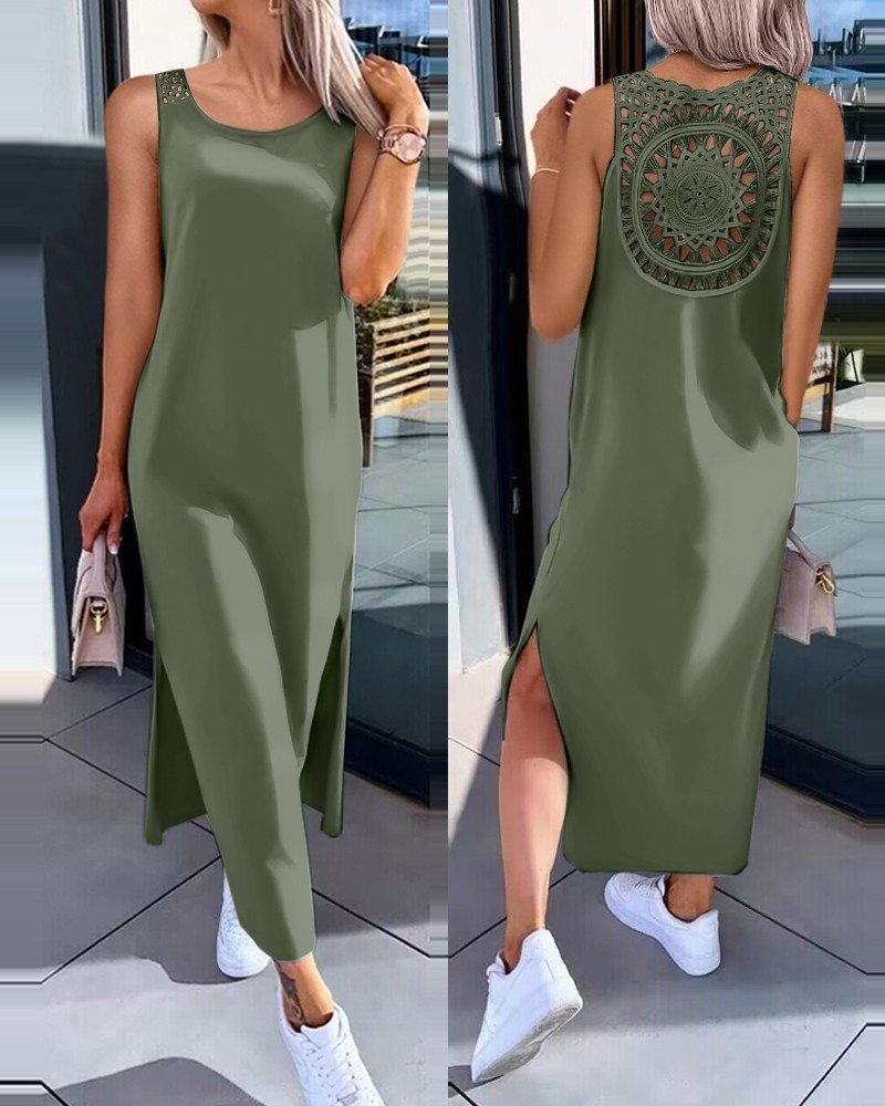 European And American Style Foreign Trade Women's Clothing Lace Hollow-out Suspender Sleeveless Slit Tank Dress,_ecoleips.com