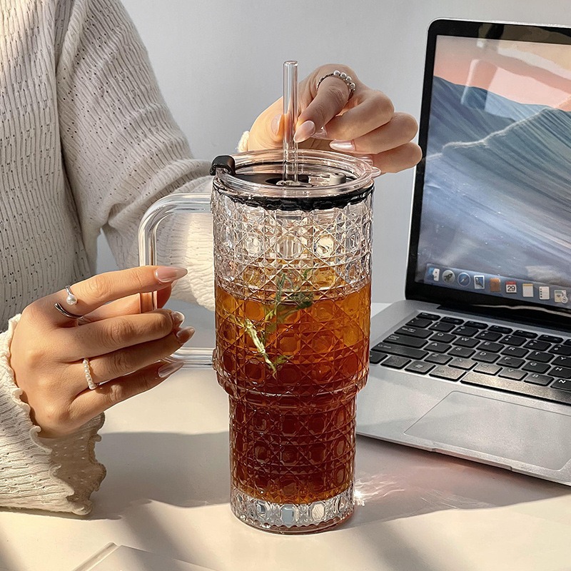 Creative Large-Capacity Glass Handle Beverage Cola Cup Transparent Straw Cup with Lid Household Double Drinking Cup Water Cup