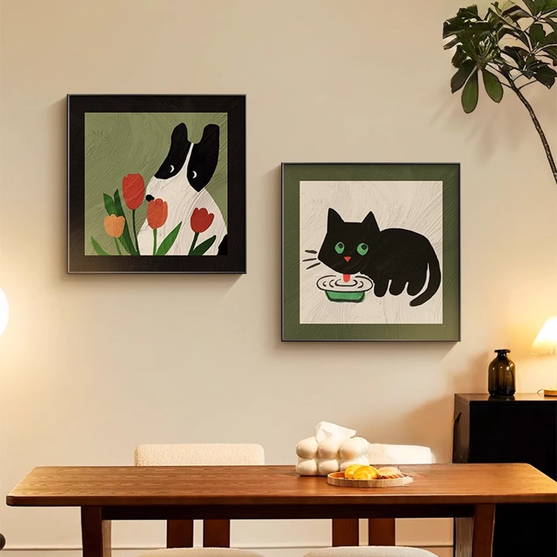 中古风餐厅装饰画动物多巴胺客厅沙发背景挂画复古高级感卧室壁画