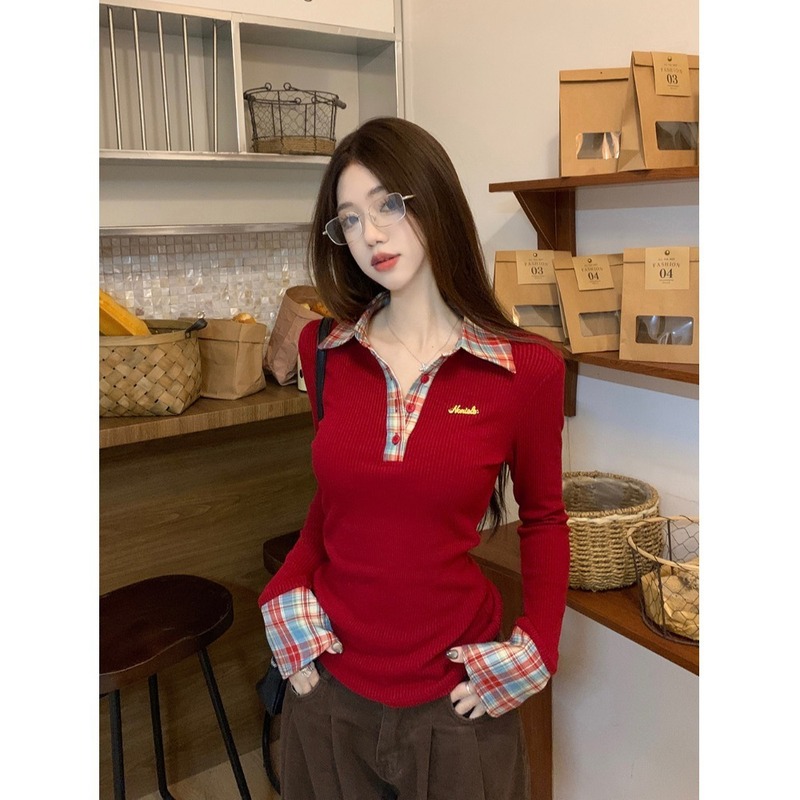 Christmas Atmosphere Fake Two-Piece Plaid Bottoming Shirt for Women in Autumn and Winter American Sexy Unique and Unique Inner Long-Sleeved Top