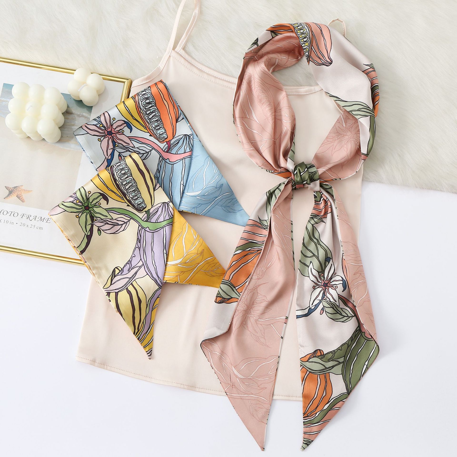 Bufanda de seda larga traje de banda de pelo bufanda de seda artificial de doble capa seda femenina elegante primavera y verano dulce cinta decorativa Generación de cabello