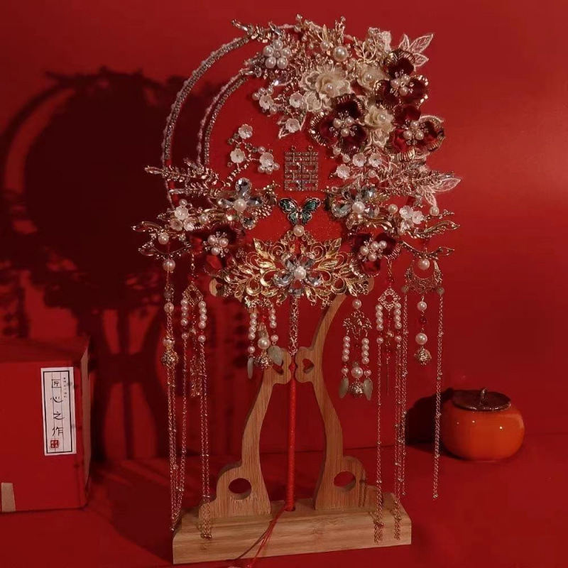 ~重工团扇新娘结婚扇diy材料包手工中式秀禾服喜扇婚礼感扇子|undefined
