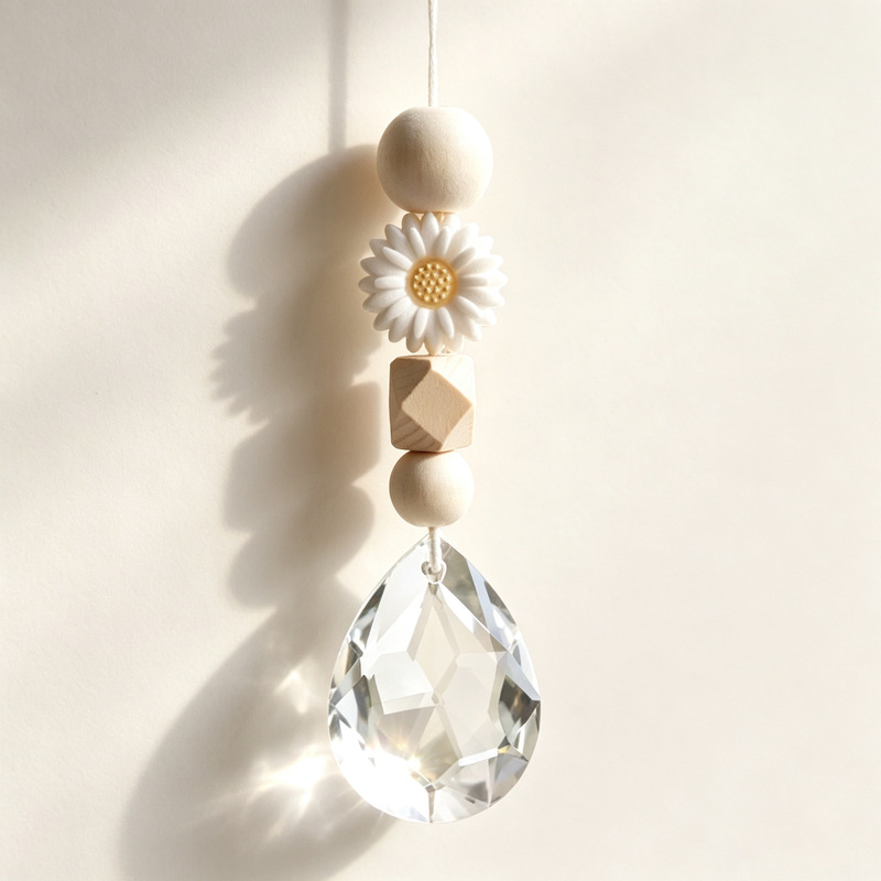 Sun Catcher Pendant with Wooden Beads, White Daisy Crystal Ball Sun Catcher Pendant, White Daisy Sun Catcher Pendant Sun Catcher Pendant with Wooden Beads, White Daisy Crystal Ball Sun Catcher Pendant, White Daisy Sun Catcher Pendant