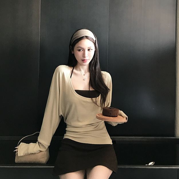 【】纯欲套装长袖恤内搭吊带背心女夏季包臀半身裙三件套|undefined