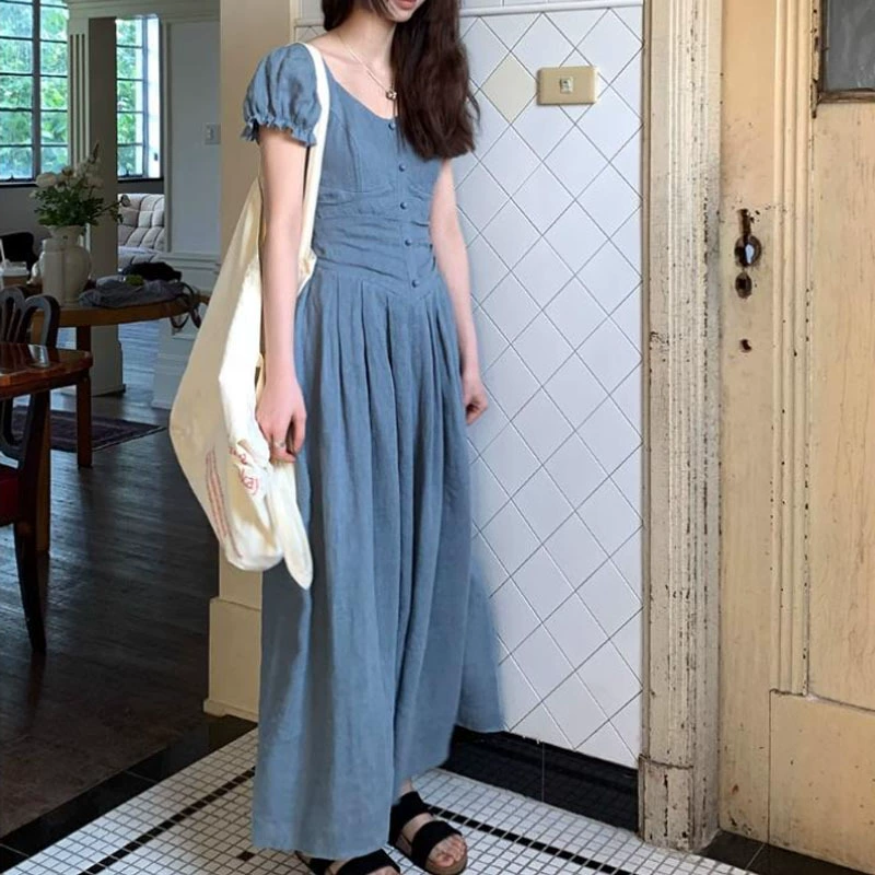 Льняное платье 2025 лето французский ретро короткий рукав средней длины