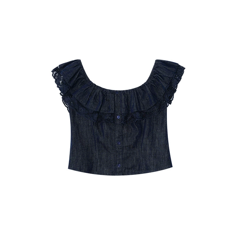 Interpretation of beauty NEWOPEN 25 summer French denim shirt with lace stitching backless one-shoulder top for women S5655