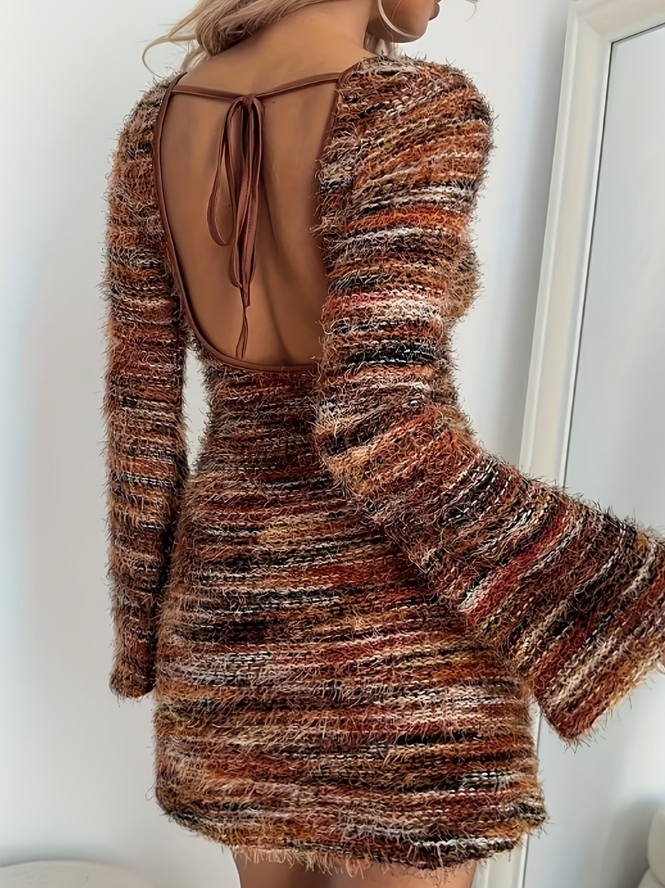 Women's Elegant Tie Waist Dress Long Sleeved Knitted Autumn Short Striped New Best Selling_ecoleips.com