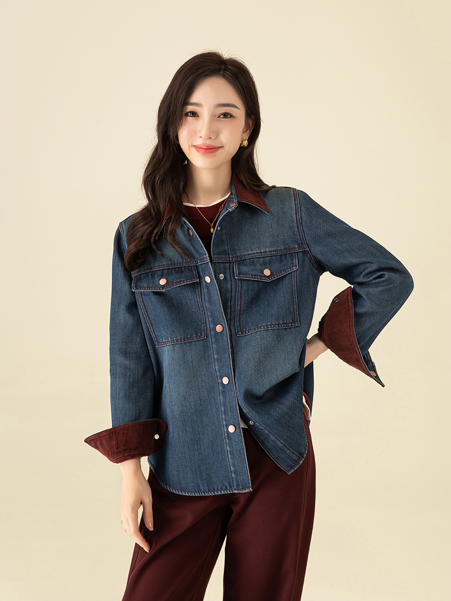 Áo sơ mi denim nữ phong cách retro Hàn Quốc lót lông cừu dày dặn, dáng rộng mặc nhiều lớp mùa đông — Màu xanh lam