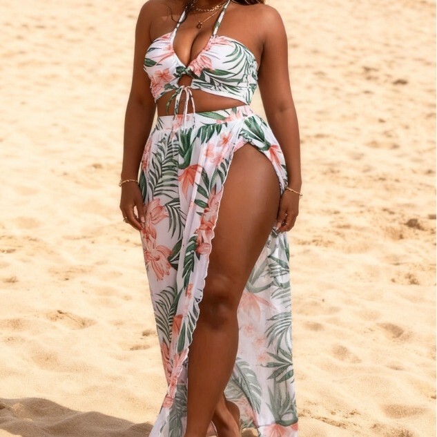 European and American Plus-Size Split Swimsuit with Print, Sexy Bikini Three-Piece Set with Halter Neck Tie-Up Long Skirt Cover-Up Plus-Size Swimsuit European and American Plus-Size Split Swimsuit with Print, Sexy Bikini Three-Piece Set with Halter Neck Tie-Up Long Skirt Cover-Up Plus-Size Swimsuit