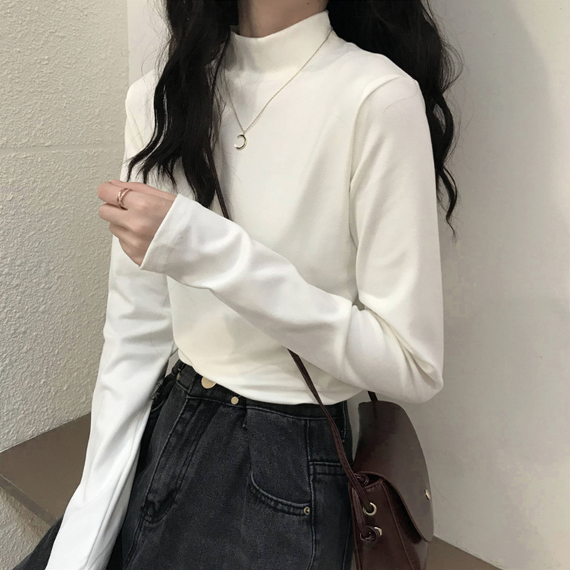 가을 겨울 여성용 DeRong 하프 터틀넥 밑단 셔츠, 새로운 긴팔 티셔츠, 슬리밍 및 따뜻한 아우터웨어