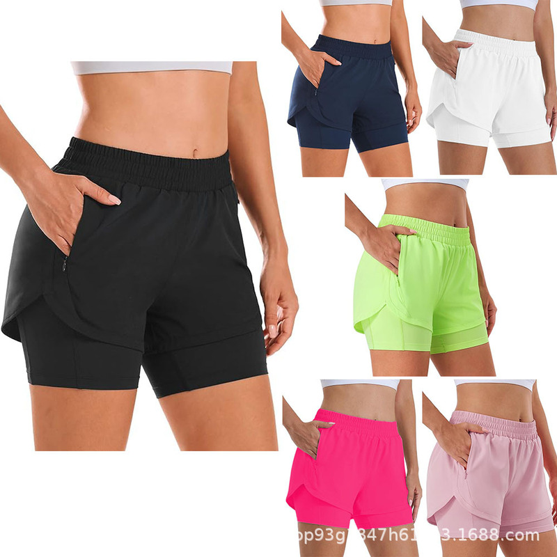 Cross-Border Women's Two-In-One Running Shorts High-Waisted Sports Gym Shorts with Lined Zipper Pockets