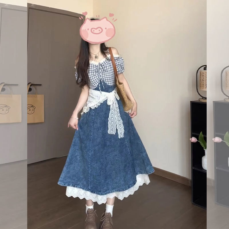 フォレストスタイルのレトロで甘いデザインのデニムステッチフェイクツーピースドレス女性の夏の新しい気質痩身ロングスカート|undefined