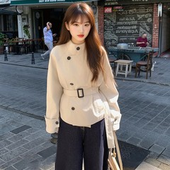 早秋韩系休闲短款风衣外套女2025新款英伦风复古气质立领收腰大衣