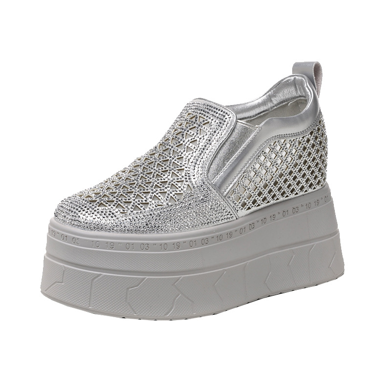 Giày lười nữ đế dày tăng chiều cao phối đá rhinestone — trắng