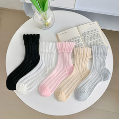 Women's Summer Thin Transparent Chiffon Mid-Calf Socks with Vertical Stripes, Glass Fiber Socks, Korean Style Sweet Pink
