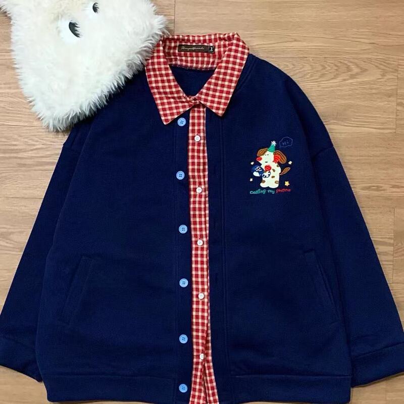 Cute Puppy Embroidered Fake Two-Piece Sweatshirt Coat Women's Spring and Autumn College Style Plaid Patchwork Lapel Baseball Suit Jacket