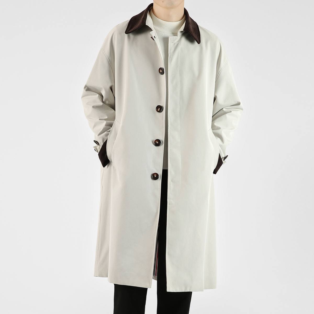 봄 가을 신상품 레트로 스타일 중간 길이의 가벼운 성숙한 스타일 코트 트렌디한 루즈핏 캐주얼 다용도 레트로 스타일 남성용 코듀로이 라펠 윈드브레이커