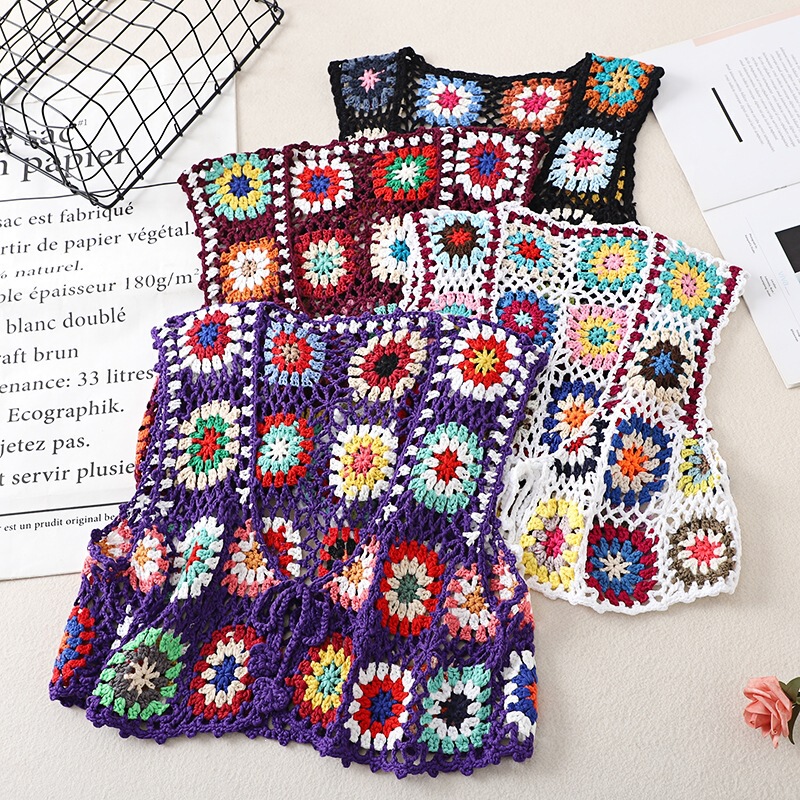 Bohemian Style Handmade Crochet Vest for Women, Vintage Crochet Hollow-Out Short Layered Japanese-Style Cardigan