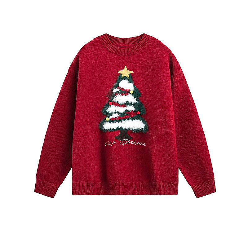 Explosiones transfronterizas de tamaño europeo de tamaño grande atmósfera de árbol de Navidad camisetas de punto suéter toallas de hombre bordadas tridimensionales otoño y invierno fábrica al por mayor