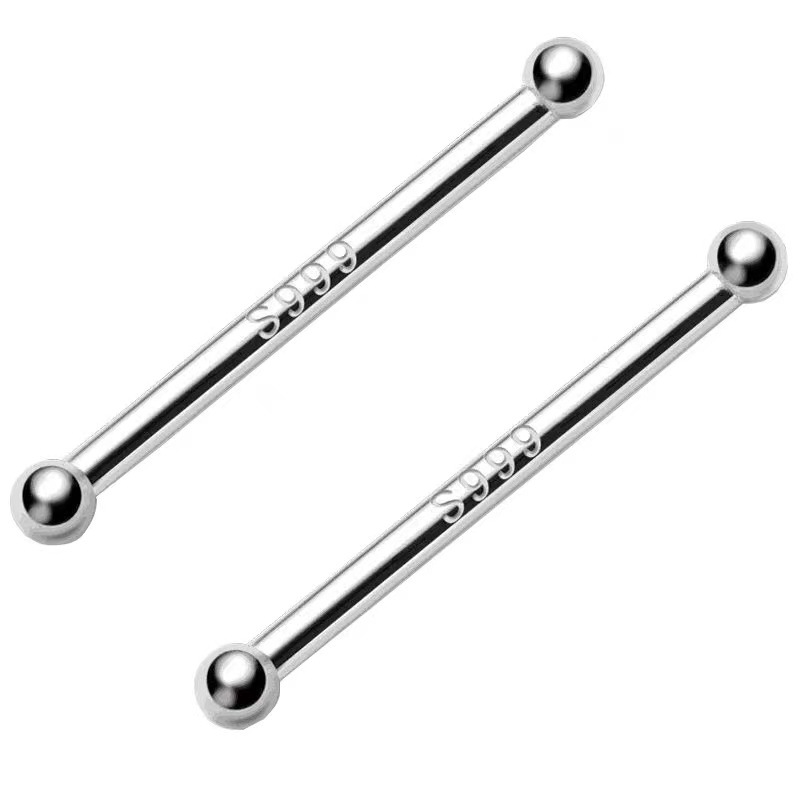 S999纯银珠珠耳钉养耳洞耳棒耳棍骨钉新潮耳环双珠学生耳饰2022