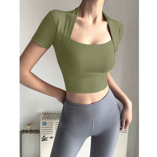 Women's 2-Piece Yoga Top with Detachable Bra Cup Running Fitness Slimming Sport Short Sleeve Training T-Shirt