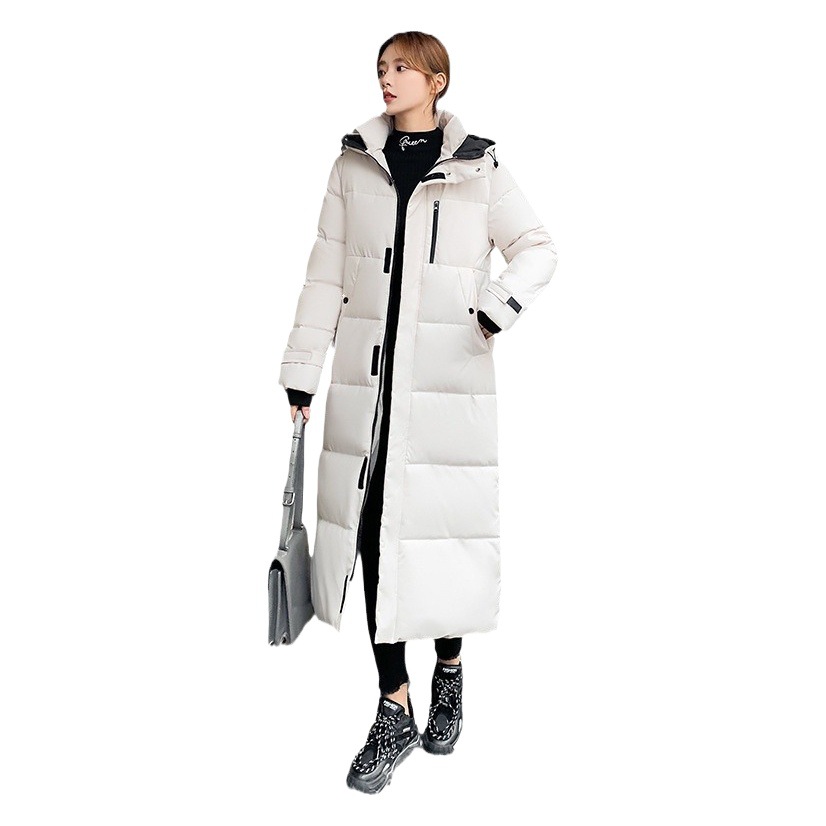 Nuevo comercio exterior 2023 ropa de algodón coreana mujer invierno largo encapuchado rodilla ropa de algodón damas gruesa abrigo de algodón blanco
