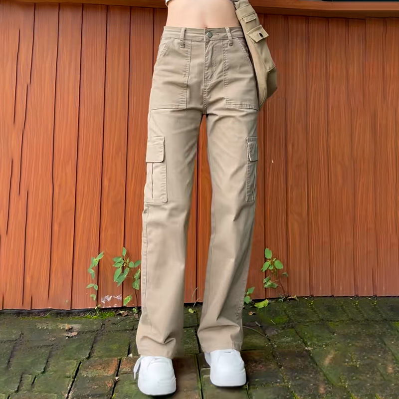 卡其色高腰窄版工装裤女2024美式复古高街显瘦直筒大码阔腿牛仔裤