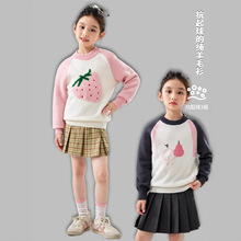秋冬女童儿童羊毛衫半高领拼色刺绣可爱卡通加厚毛衣针织打底上衣