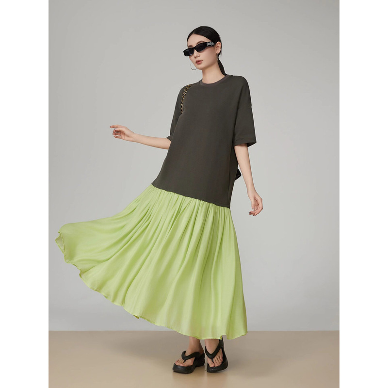 61039 # Japanese Retro Green Patchwork T-Shirt Dress, Summer High-End Loose-Fitting Color-Block Short-Sleeve Dress 61039 # Japanese Retro Green Patchwork T-Shirt Dress, Summer High-End Loose-Fitting Color-Block Short-Sleeve Dress