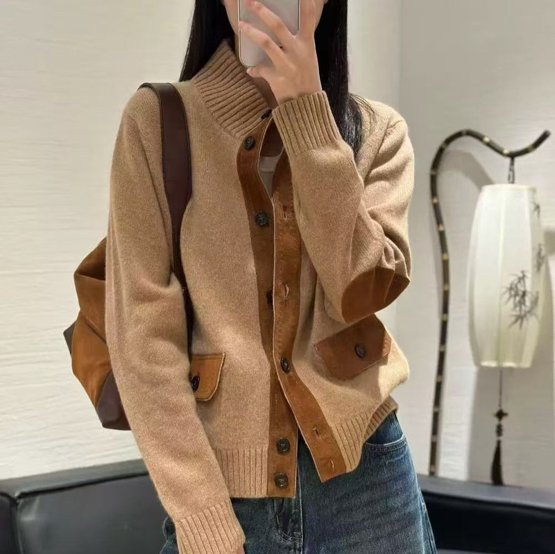 Foreign Trade Dropshipping 25 Autumn and Winter New Stand Collar Leather Pure Wool Cardigan Jacket Women's Design Long-Sleeved Jacket Sweater