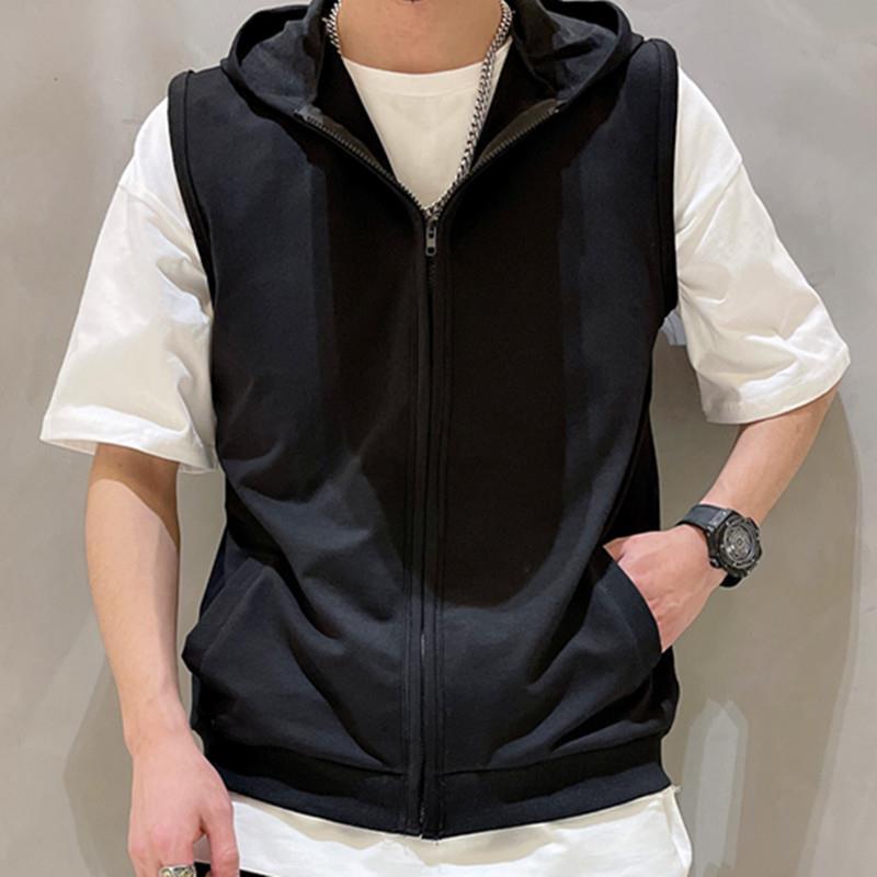 Chaleco deportivo con capucha de talla grande sin mangas de primavera y verano, chaqueta de punto de chaleco de fitness delgado de moda para hombre