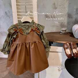 女童初秋网红萌韩版女宝宝飞边袖衬衫十蝴蝶结皮裙两件潮