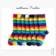 Wear rainbow with shark pants, sports spring and autumn cotton with dad shoes, striped socks for women, mid-calf trendy internet celebrity