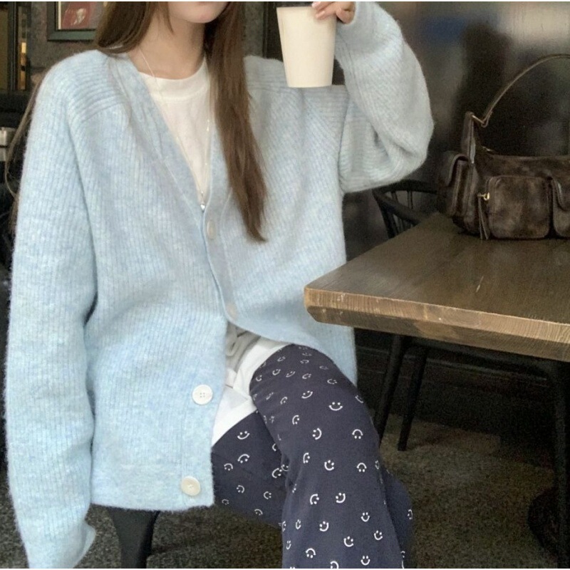 Sweet Style V-Neck Loose Knitted Sweater Cardigan Women's 24-Year Fall/Winter Soft Waxy Solid Color Lazy Sweater Coat Jacket