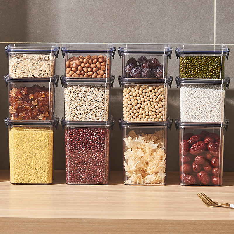Tanque sellado de grado alimenticio Caja de almacenamiento transparente engrosada de plástico Tanque de almacenamiento de bocadillos cuadrado Tarro de almacenamiento de granos integrales