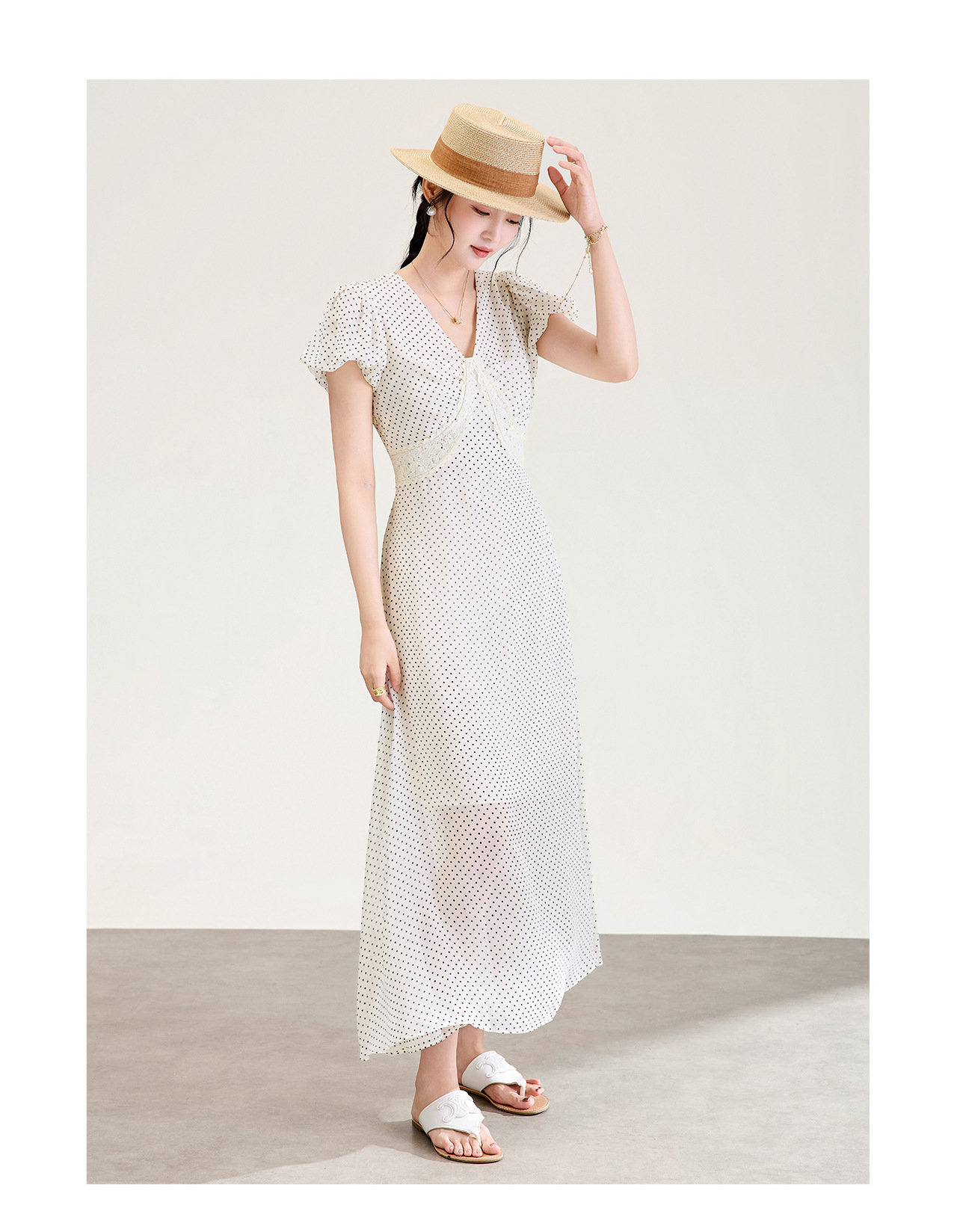 Đầm maxi nữ cổ V ren chấm bi phong cách Pháp thắt eo — màu đen chi tiết 12