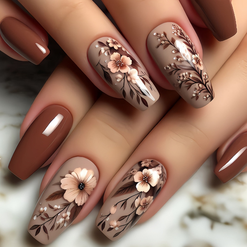 24-piece Ballet Autumn and Winter Best Selling Brown Department Wear Armor Advanced Flower Nail Art Patch Press on nails
