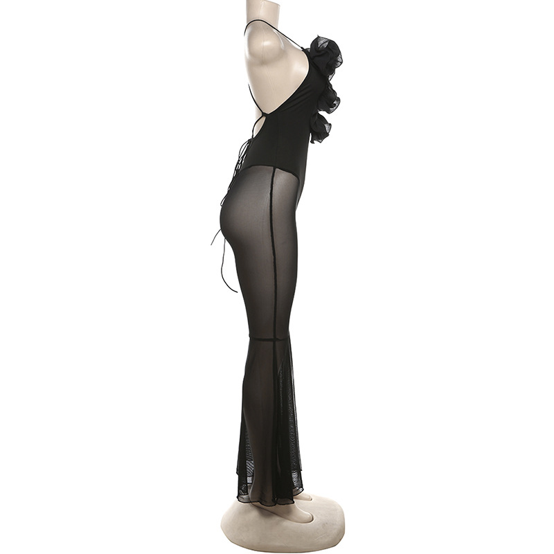 Spring Summer Sexy Sexy Mesh Stitching See Through Design Horn Jumpsuit Women