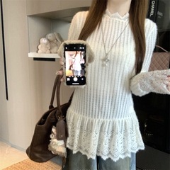 白色设计感长袖半高领蕾丝花边打底衫女早秋宽松休闲微透内搭上衣